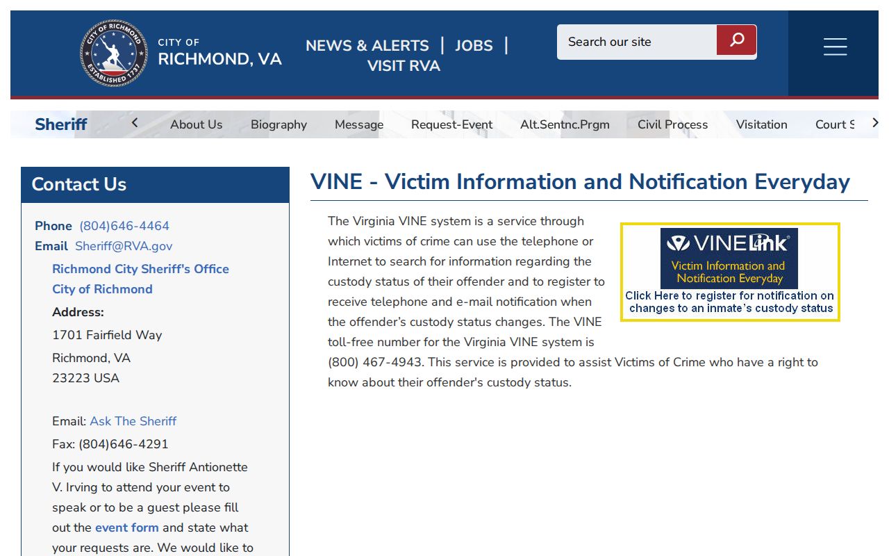 Richmond City Virginia VINE custody-status notification resource