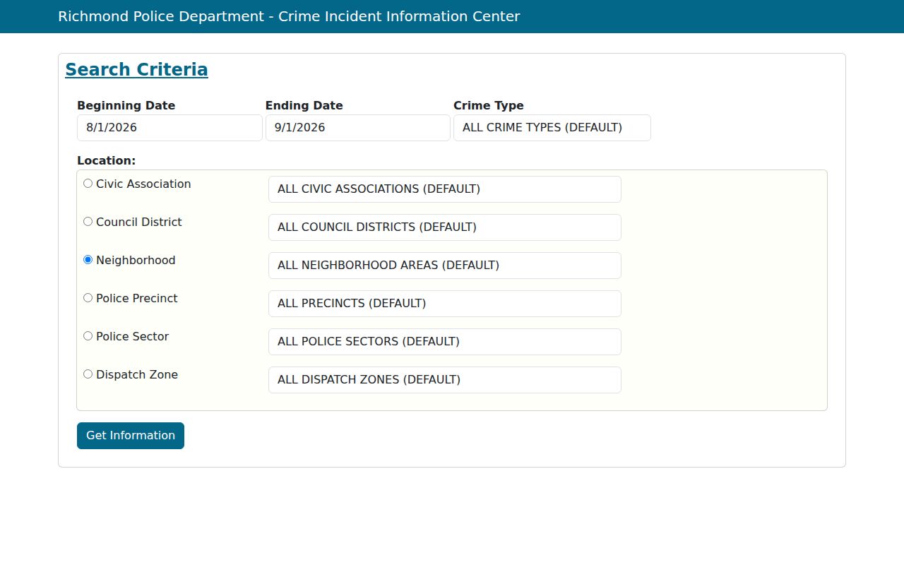 Richmond City founded-crime incident records search interface