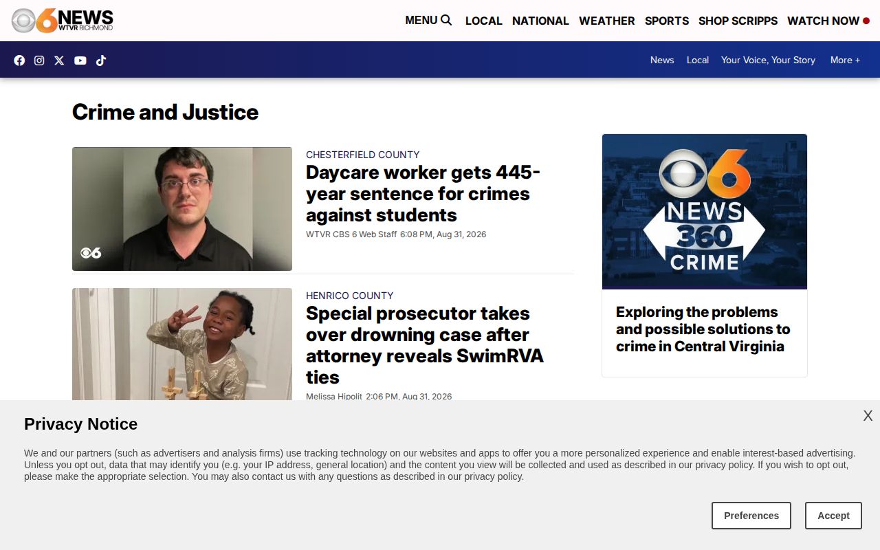 WTVR Crime and Justice source for Richmond City crime news reporting