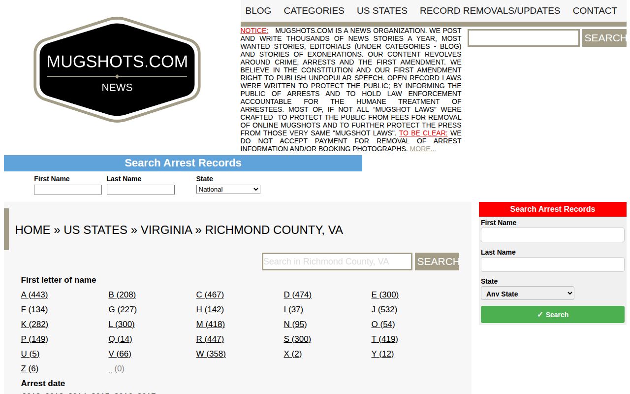Historical unofficial Richmond City mugshot listing with stale date groups