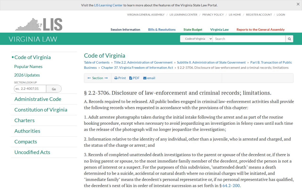 Virginia adult booking photo disclosure statute relevant to Richmond City booking records