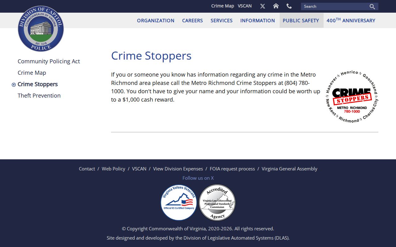 Metro Richmond Crime Stoppers official tip and reward information for Richmond City wanted notices
